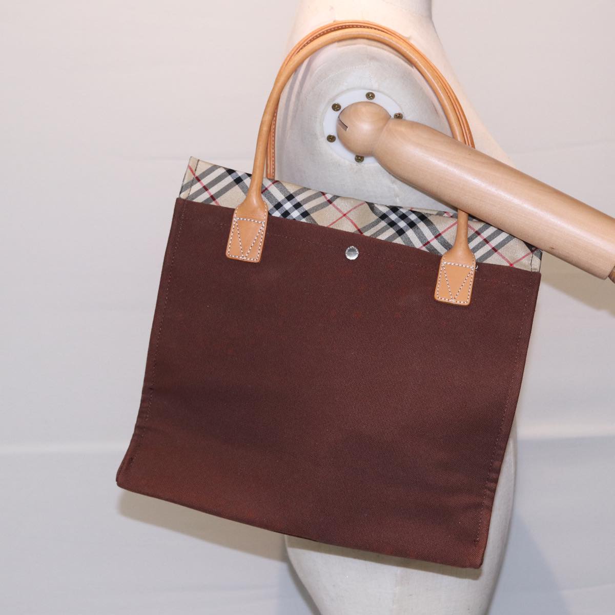 BURBERRY Nova Check Tote Bag Canvas Beige Brown Silver Auth 88500