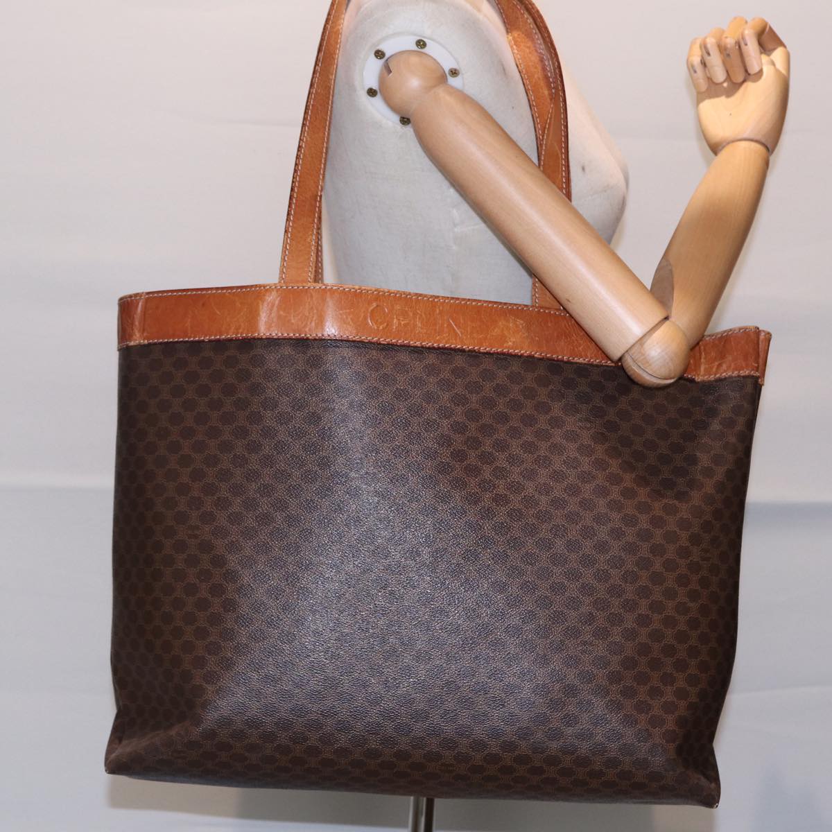 CELINE Macadam Canvas Tote Bag PVC Leather Brown Gold Auth 88503