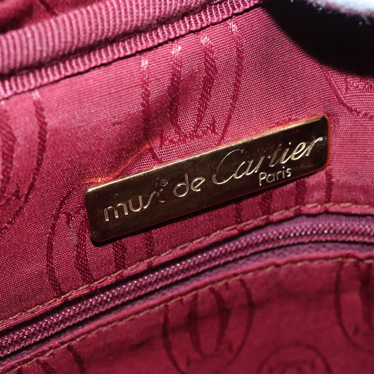 CARTIER Hand Bag Leather Bordeaux Gold Auth 88511