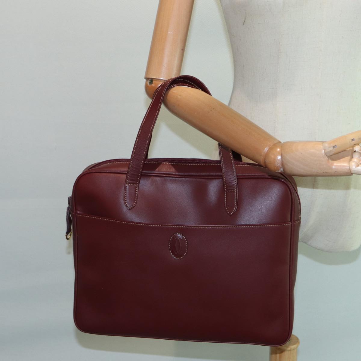 CARTIER Hand Bag Leather Bordeaux Gold Auth 88511