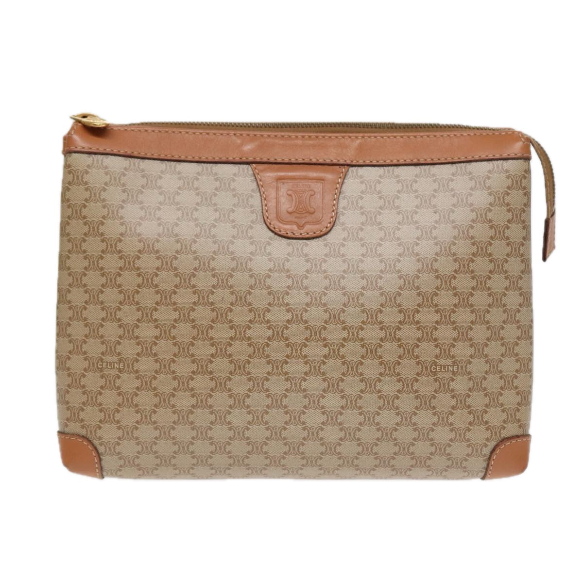 CELINE Macadam Canvas Clutch Bag Beige Gold Auth 88526