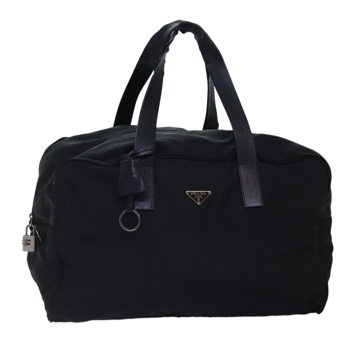 PRADA Boston Bag Nylon Black Silver Auth 88528