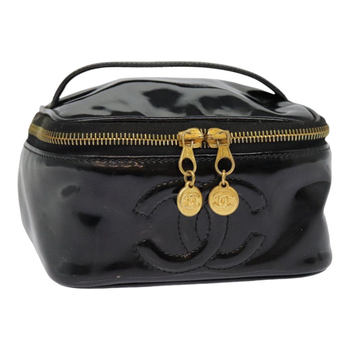 CHANEL COCO Mark Vanity Pouch Enamel Black Gold CC Auth 88549