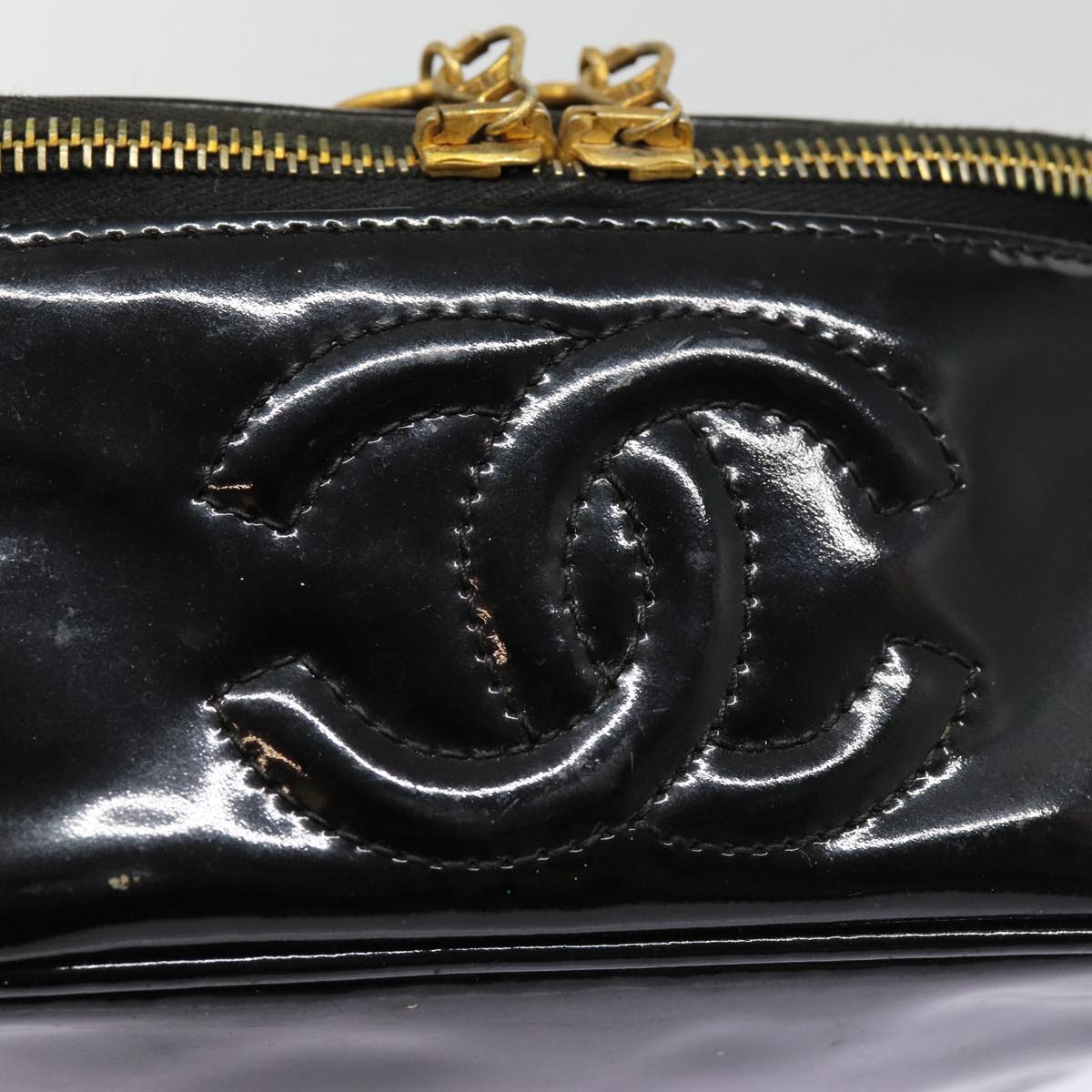 CHANEL COCO Mark Vanity Pouch Enamel Black Gold CC Auth 88549