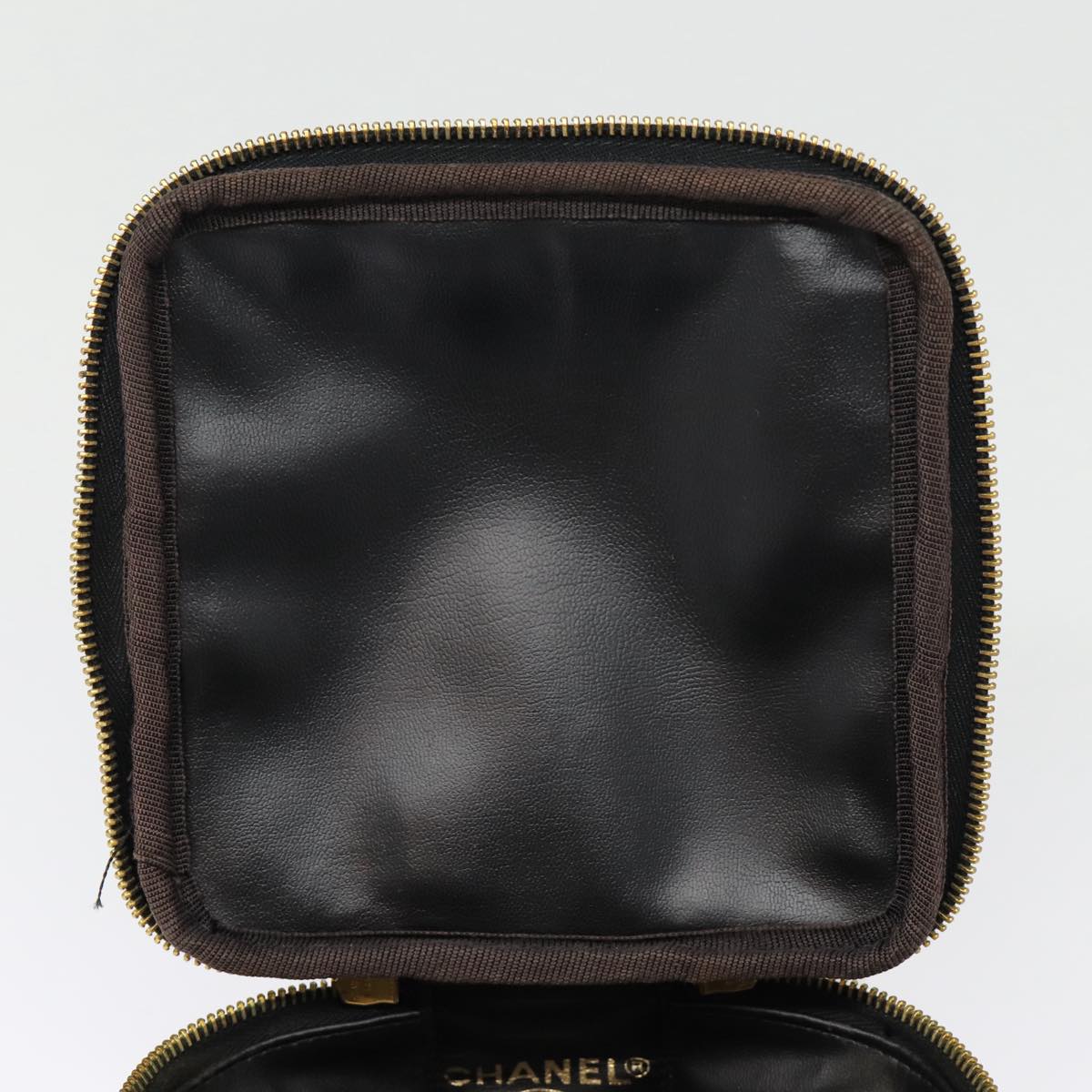 CHANEL COCO Mark Vanity Pouch Enamel Black Gold CC Auth 88549