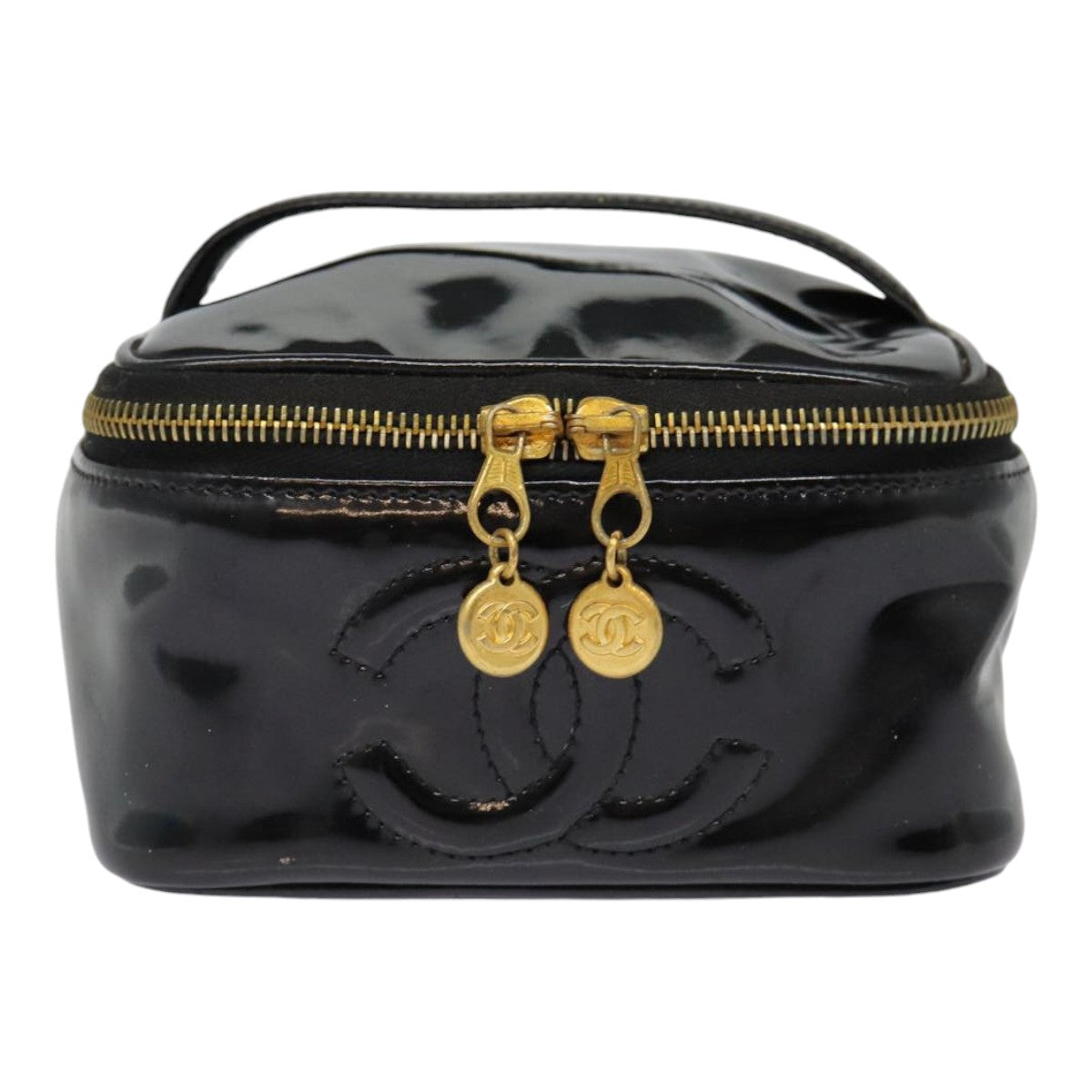 CHANEL COCO Mark Vanity Pouch Enamel Black Gold CC Auth 88549