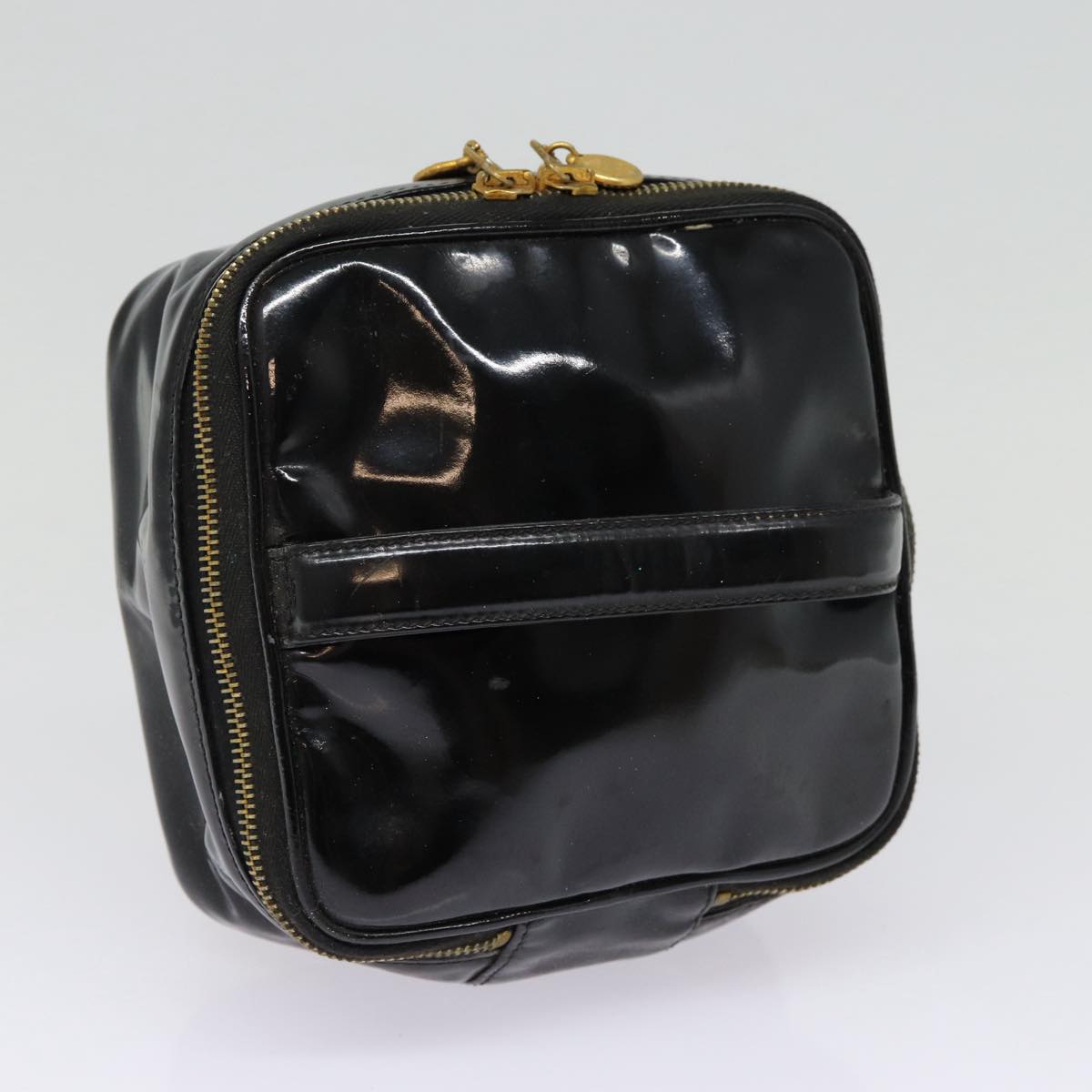 CHANEL COCO Mark Vanity Pouch Enamel Black Gold CC Auth 88549