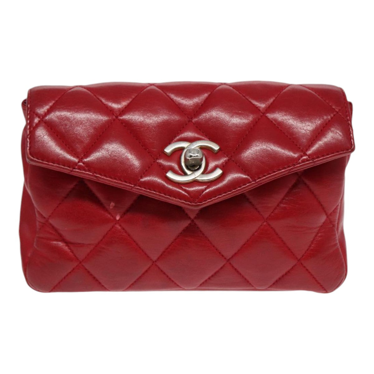 CHANEL Matelasse Chain Waist bag Leather Red Gold CC Auth 88550