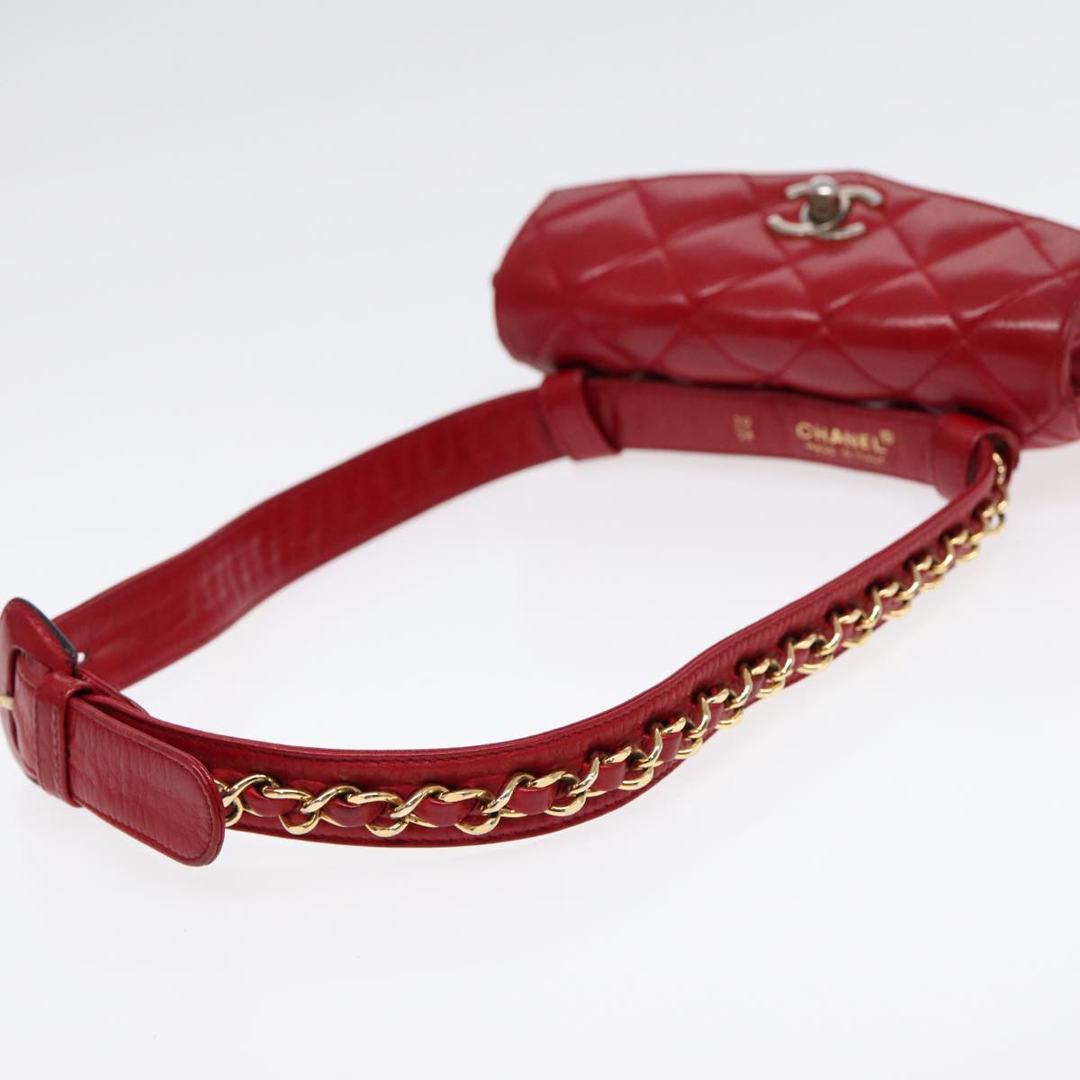 CHANEL Matelasse Chain Waist bag Leather Red Gold CC Auth 88550