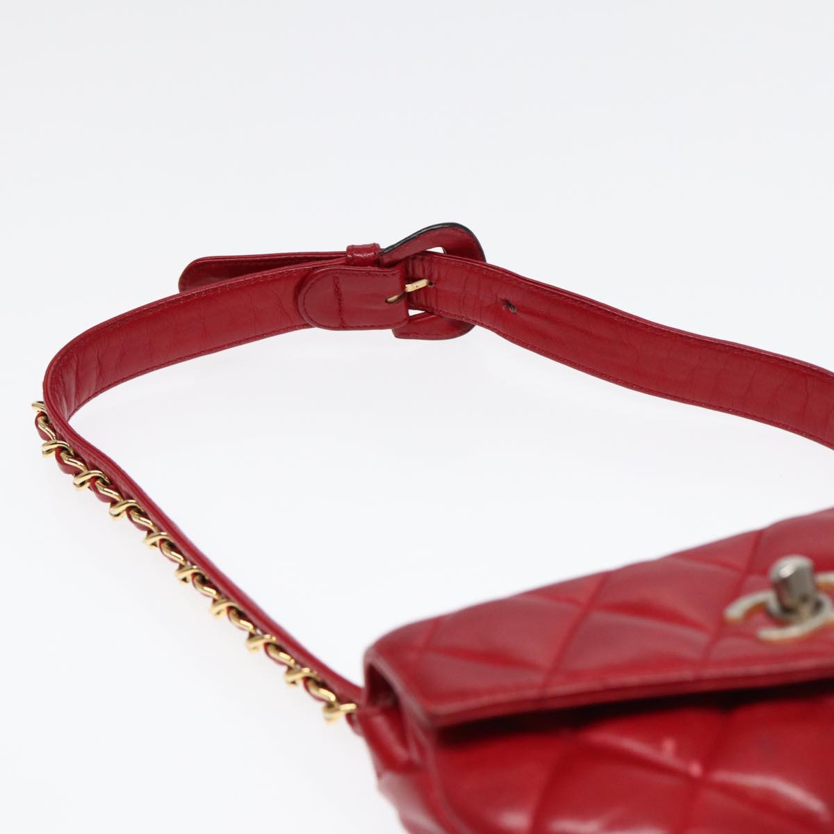 CHANEL Matelasse Chain Waist bag Leather Red Gold CC Auth 88550