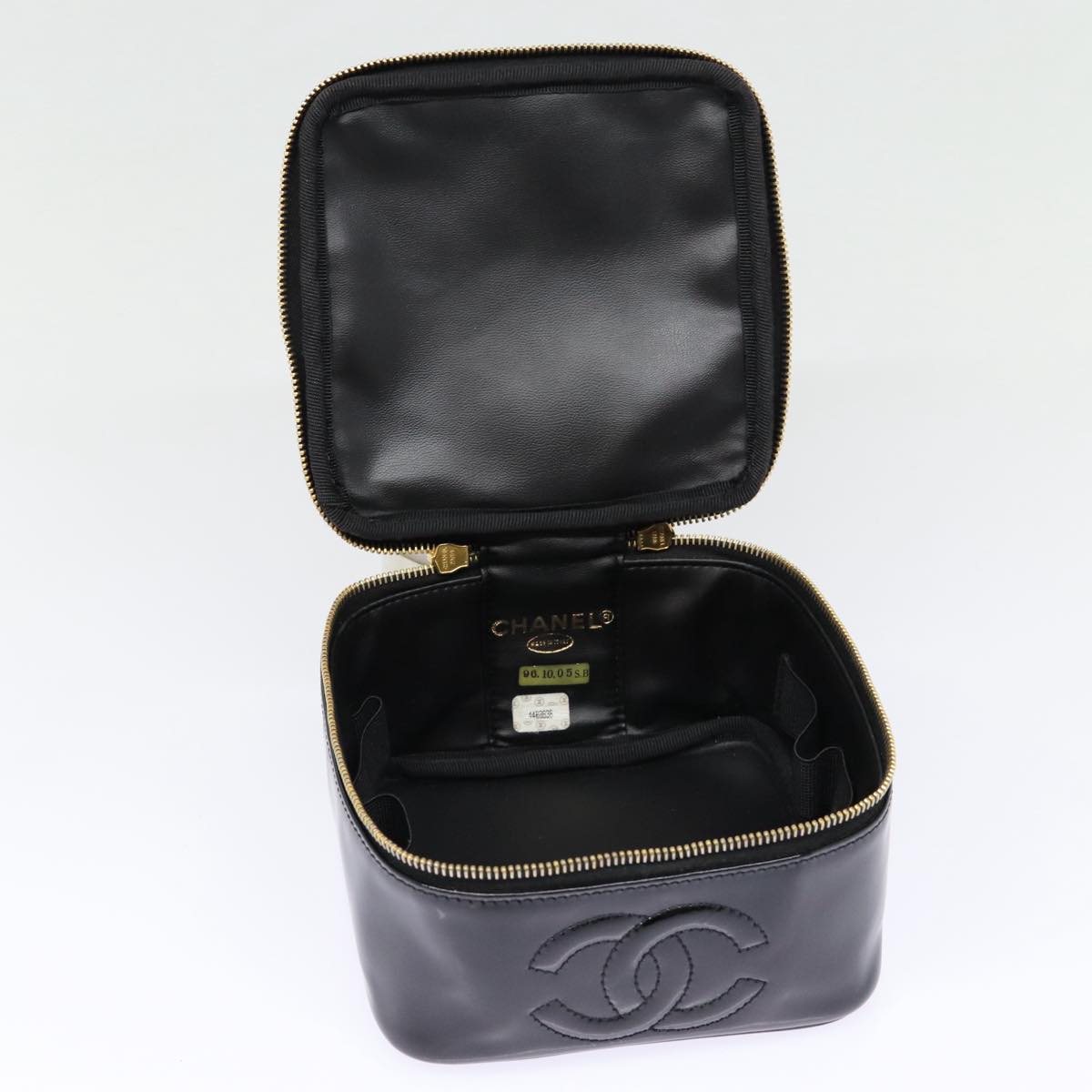 CHANEL COCO Mark Vanity Pouch Enamel Black Gold CC Auth 88553