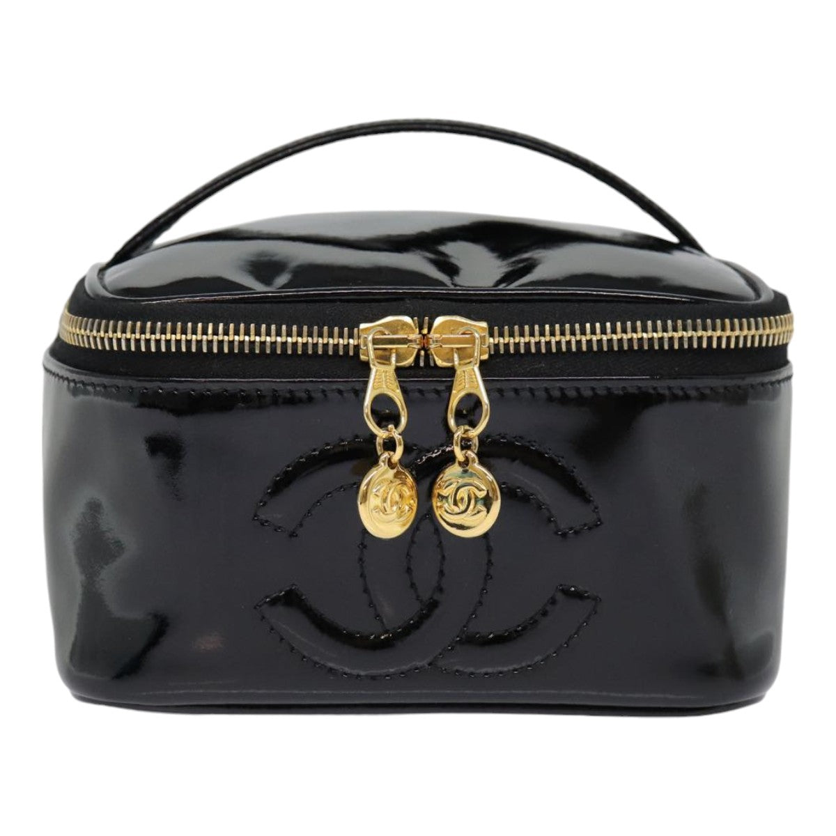 CHANEL COCO Mark Vanity Pouch Enamel Black Gold CC Auth 88553