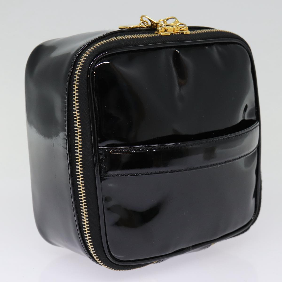 CHANEL COCO Mark Vanity Pouch Enamel Black Gold CC Auth 88553