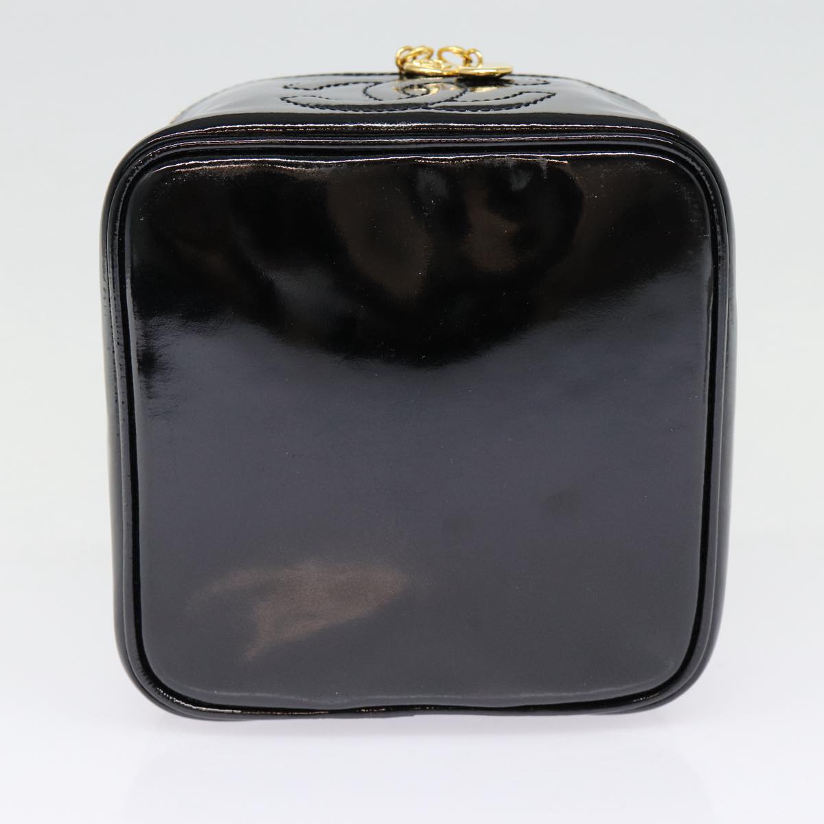 CHANEL COCO Mark Vanity Pouch Enamel Black Gold CC Auth 88553