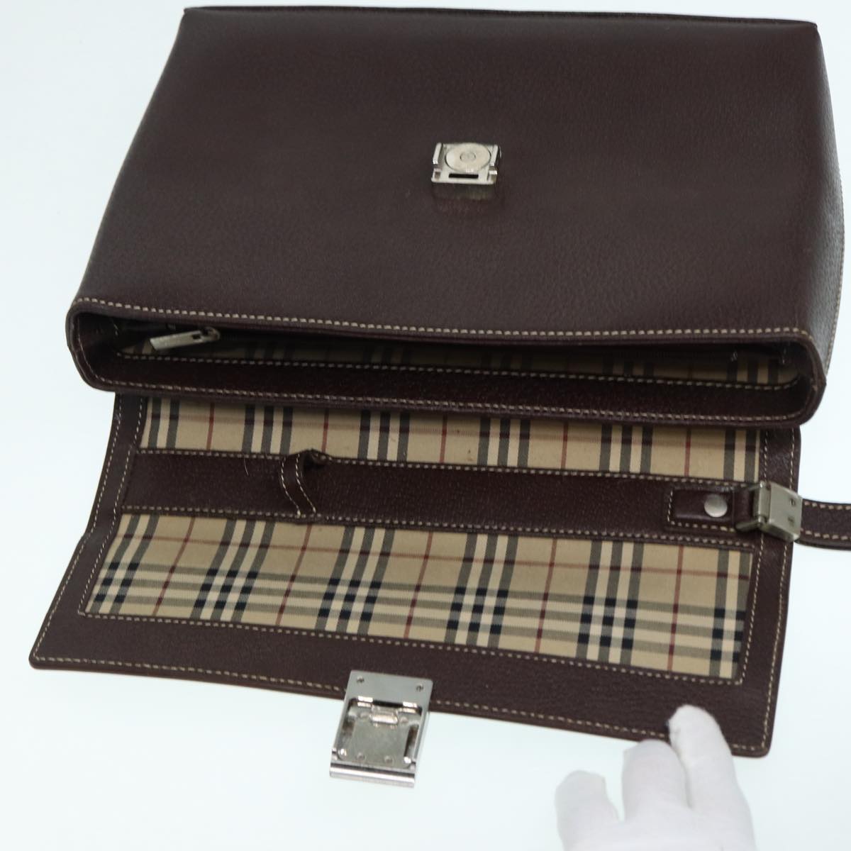 BURBERRY Clutch Bag Leather Brown Silver Auth 88564