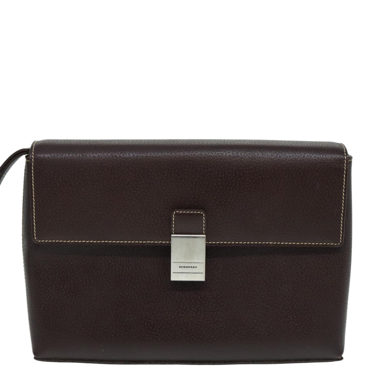 BURBERRY Clutch Bag Leather Brown Silver Auth 88564