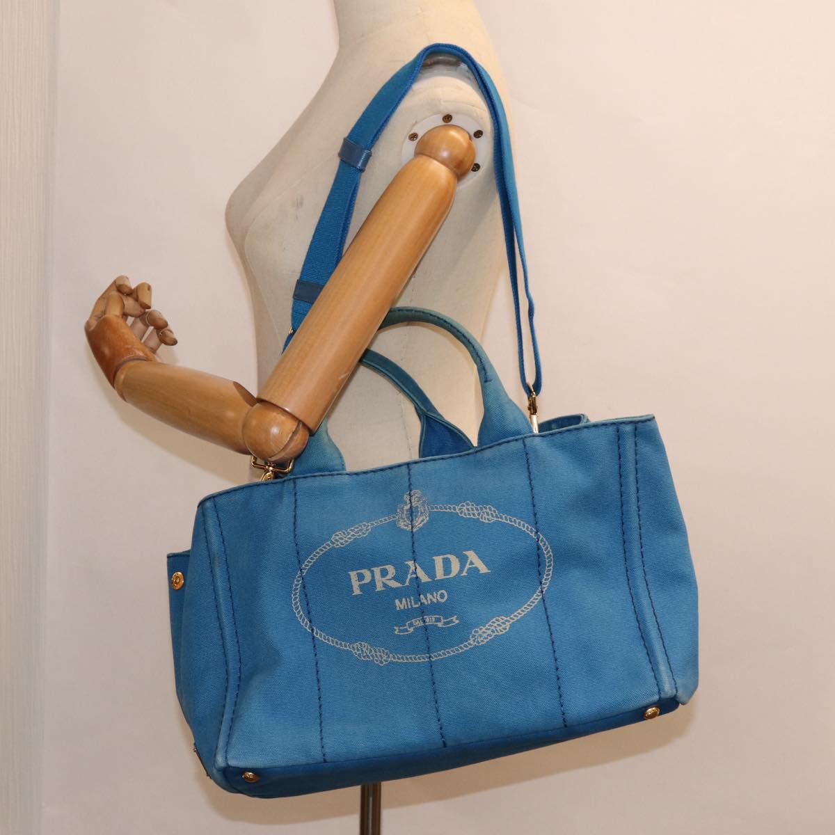 PRADA Canapa MM Hand Bag Canvas 2way Blue Gold Auth 88572