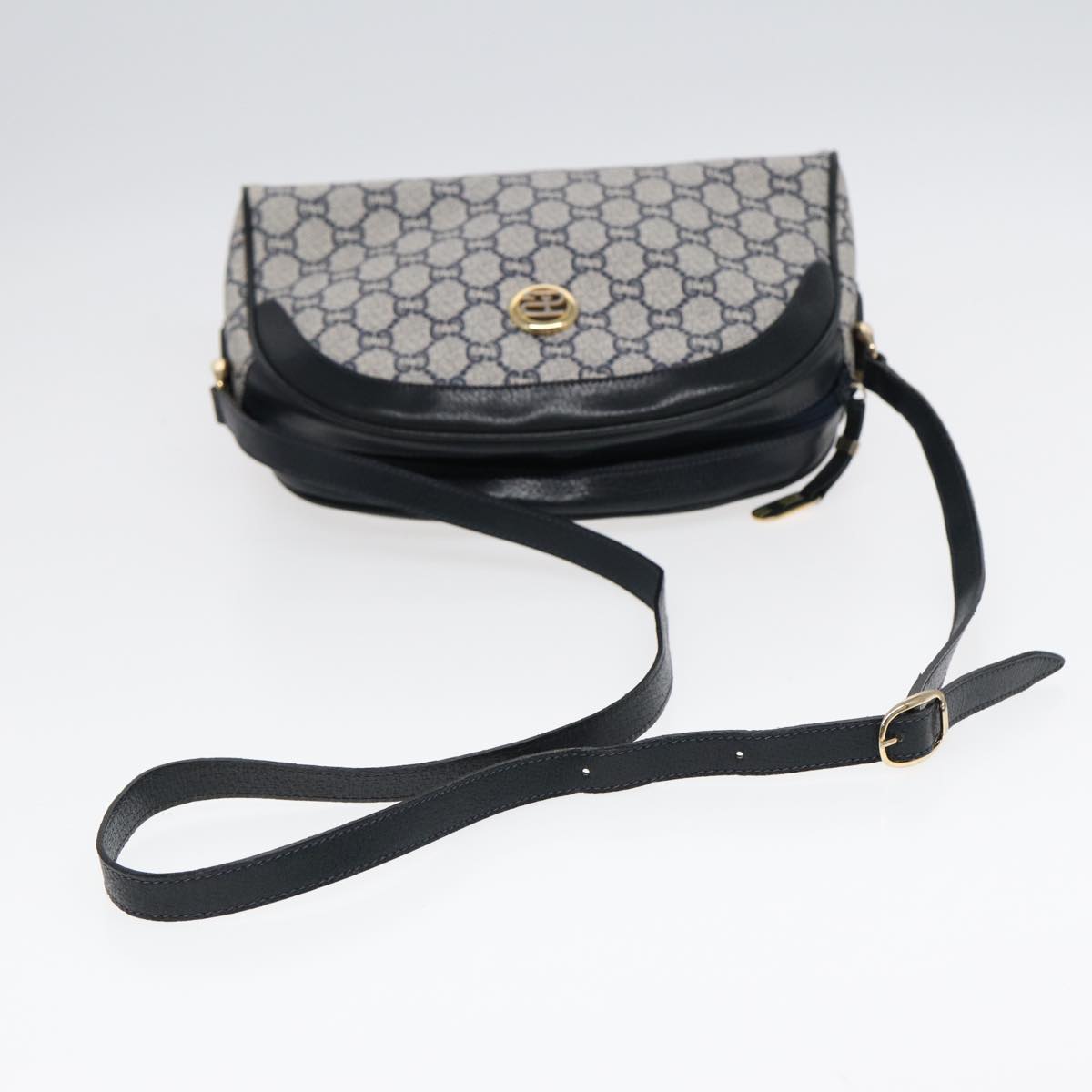 GUCCI GG Plus Supreme Shoulder Bag PVC Leather Navy Gold Auth 88578