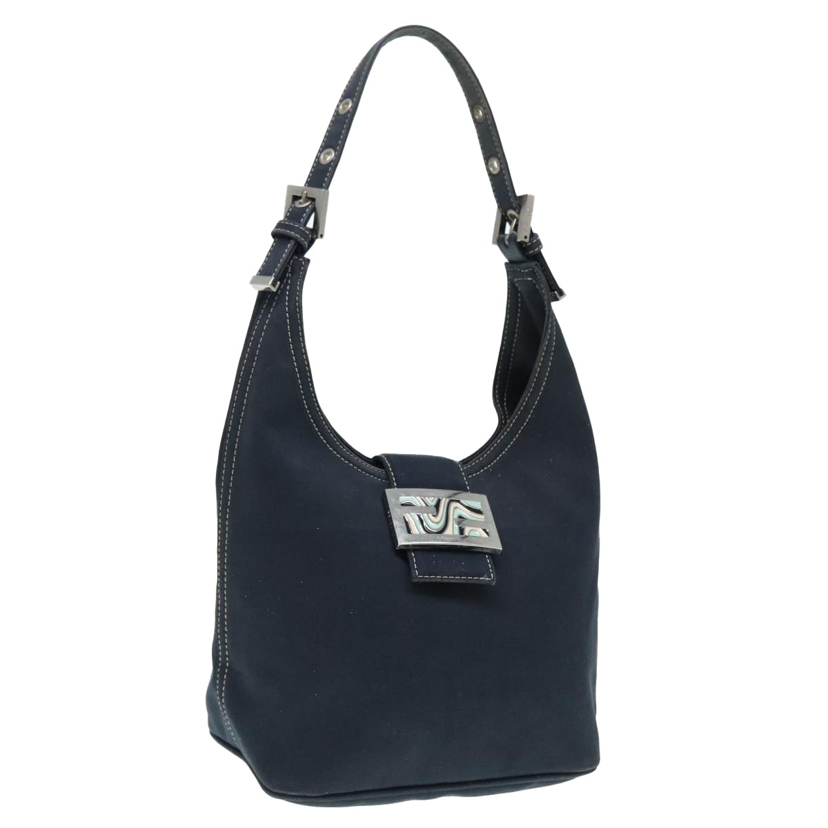 FENDI Mamma Baguette Shoulder Bag Canvas Navy Silver Auth 88583