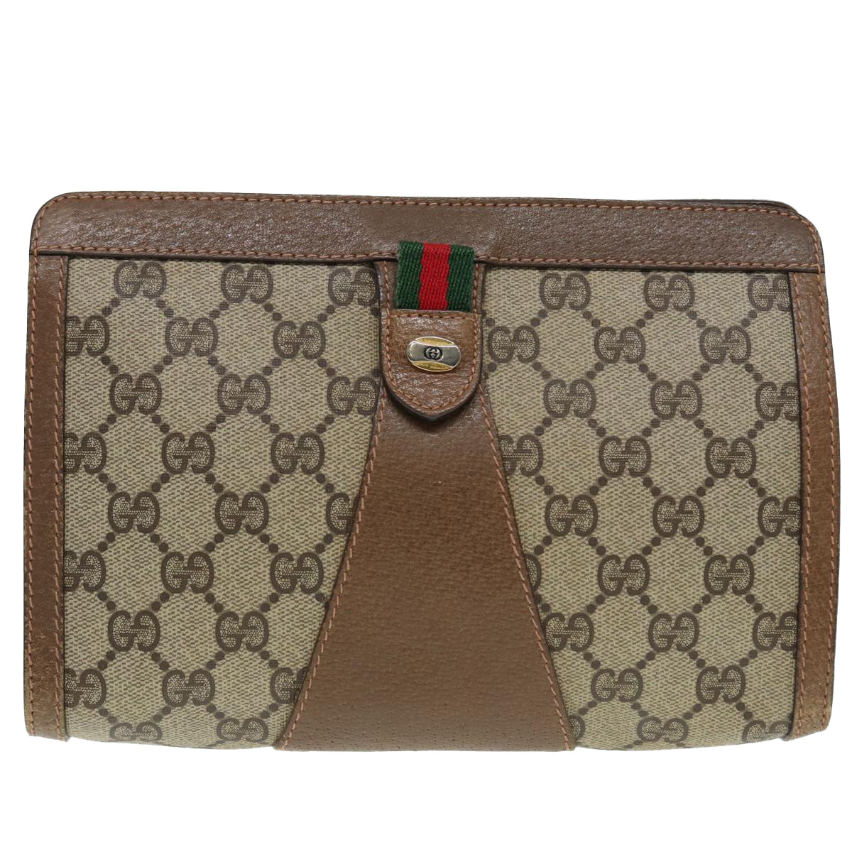 GUCCI GG Supreme Web Sherry Line Clutch Bag PVC Beige Red 89 01 032 Auth 88590 - 0