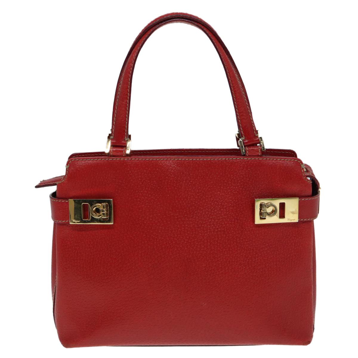 Salvatore Ferragamo Gancini Hand Bag Leather Red Gold Auth 88599 - 0