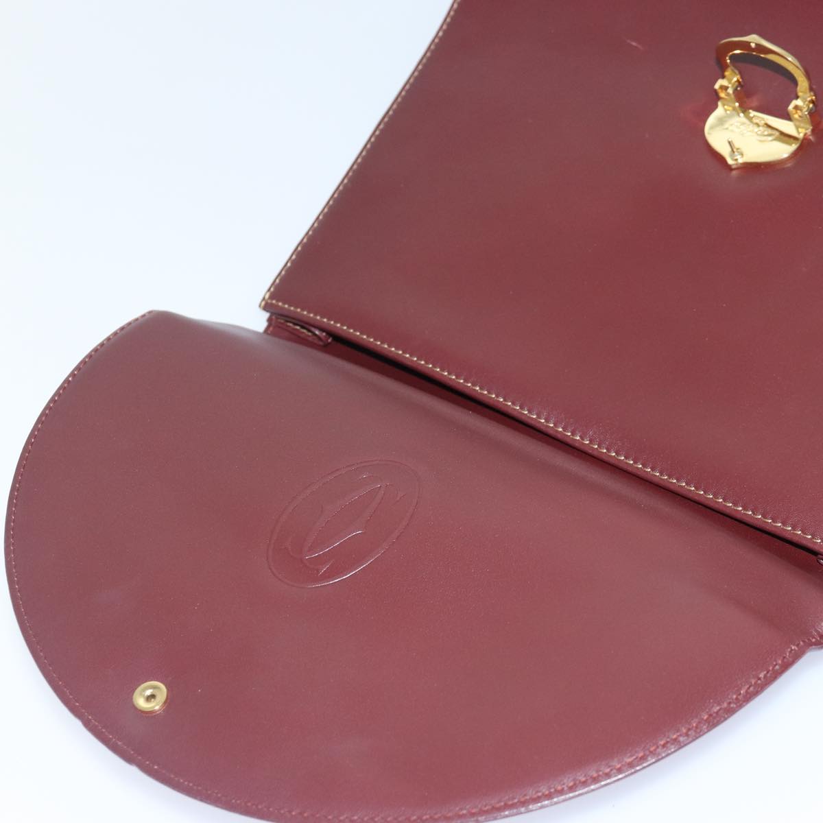 CARTIER Hand Bag Leather Bordeaux Gold Auth 88602