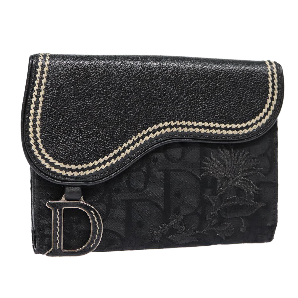 Christian Dior Trotter Canvas Saddle Wallet Black Silver Auth 88606