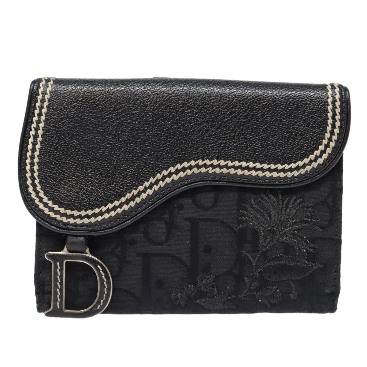 Christian Dior Trotter Canvas Saddle Wallet Black Silver Auth 88606