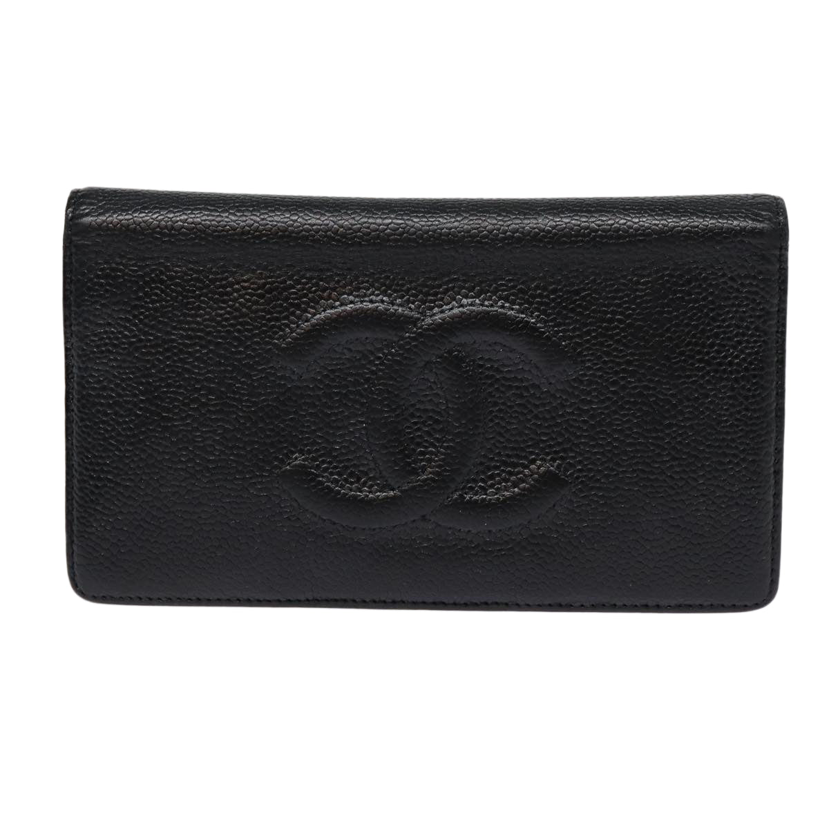 CHANEL COCO Mark Long Wallet Caviar Skin Black Silver CC Auth 88618