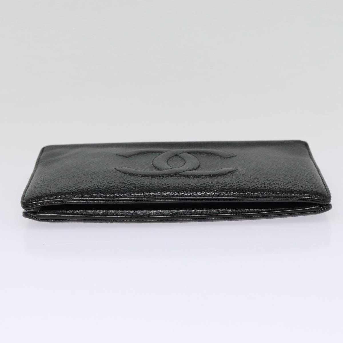 CHANEL COCO Mark Long Wallet Caviar Skin Black Silver CC Auth 88618