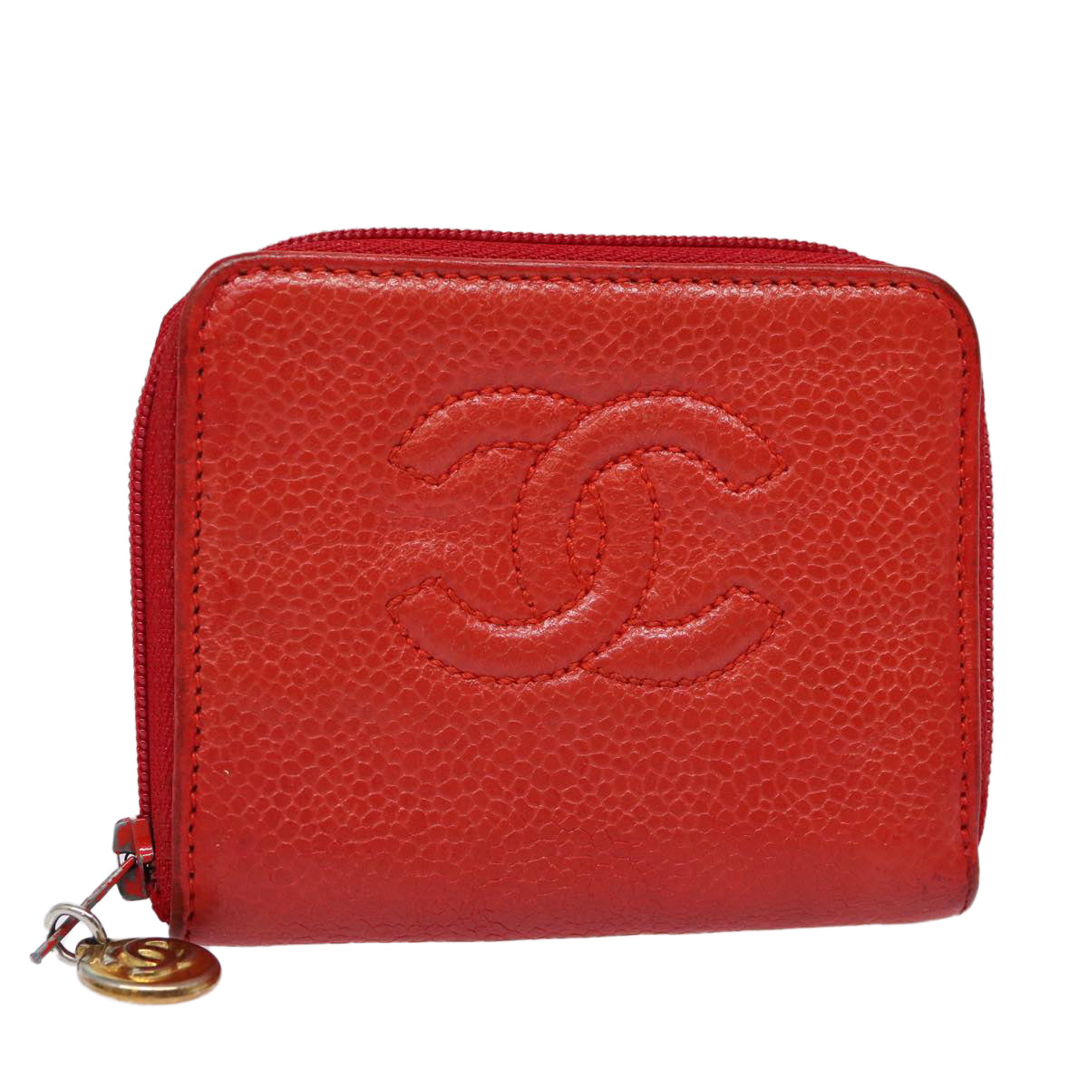 CHANEL COCO Mark Coin Purse Caviar Skin Gold Red CC Auth 88633