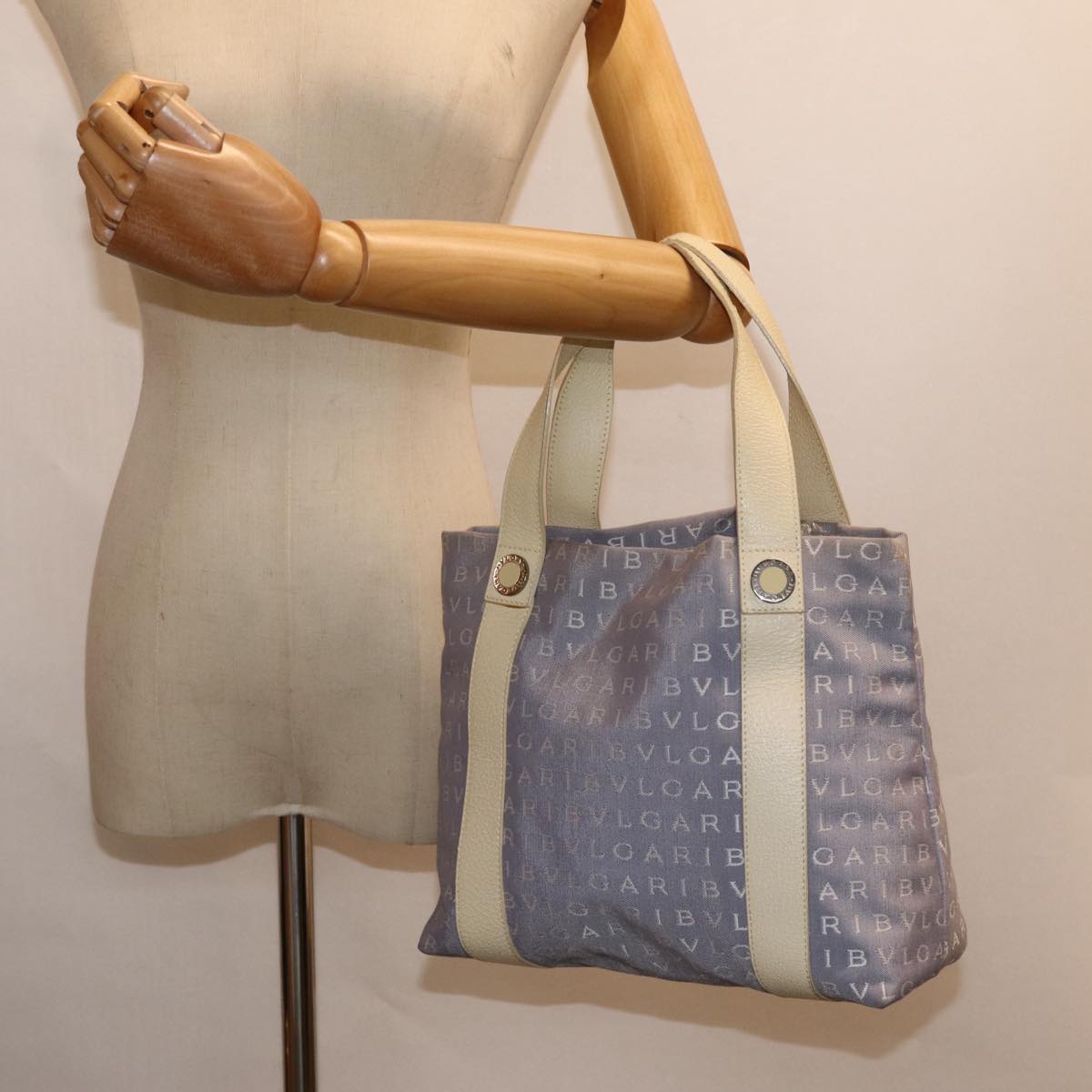 BVLGARI Tote Bag Canvas Blue Silver Auth 88654