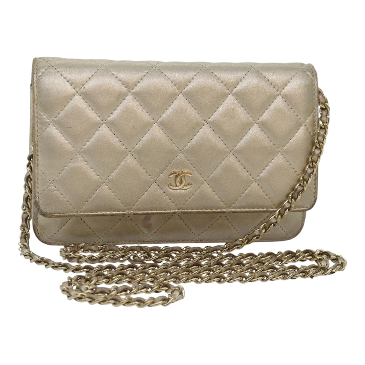 CHANEL Matelasse Chain Shoulder Bag Lamb Skin Gold Tone Gold CC Auth 88657