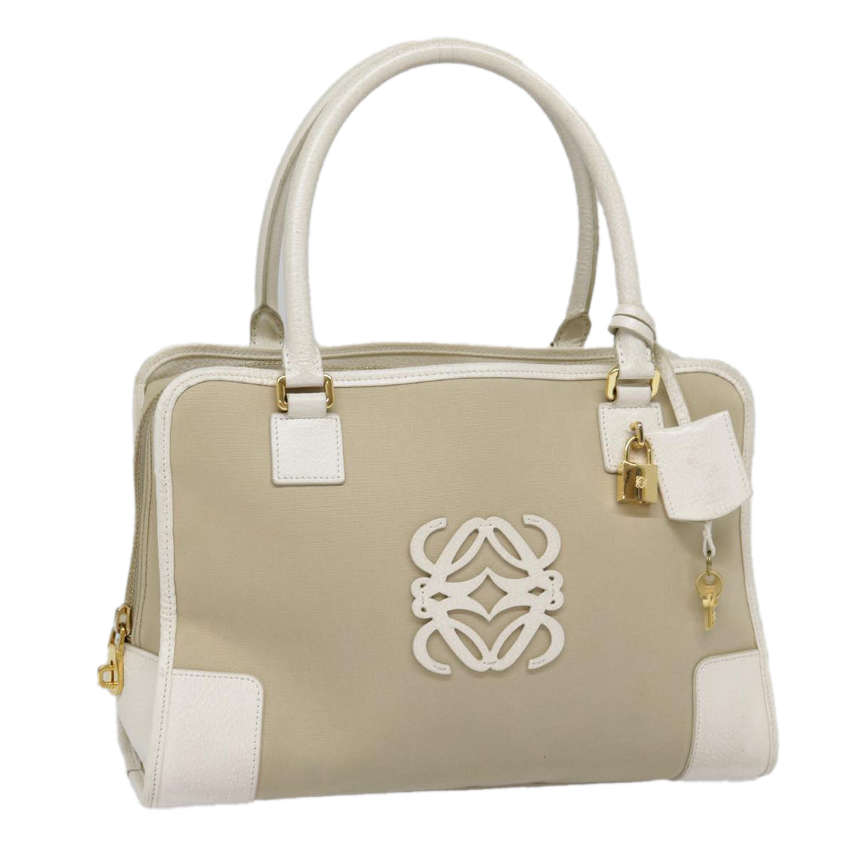 LOEWE Anagram Hand Bag Canvas Beige Gold Auth 88659