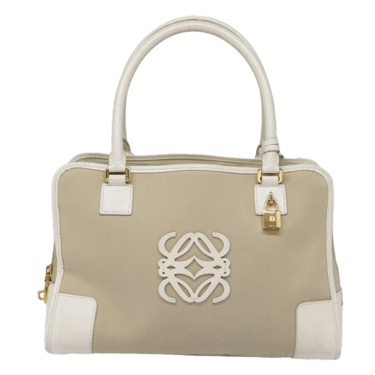 LOEWE Anagram Hand Bag Canvas Beige Gold Auth 88659