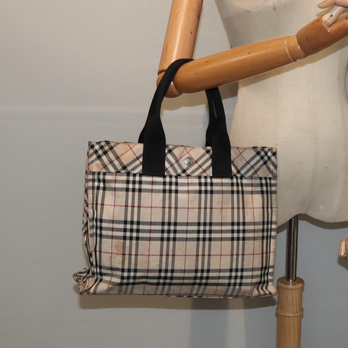 BURBERRY Nova Check Blue Label Hand Bag Nylon Beige Silver Auth 88679