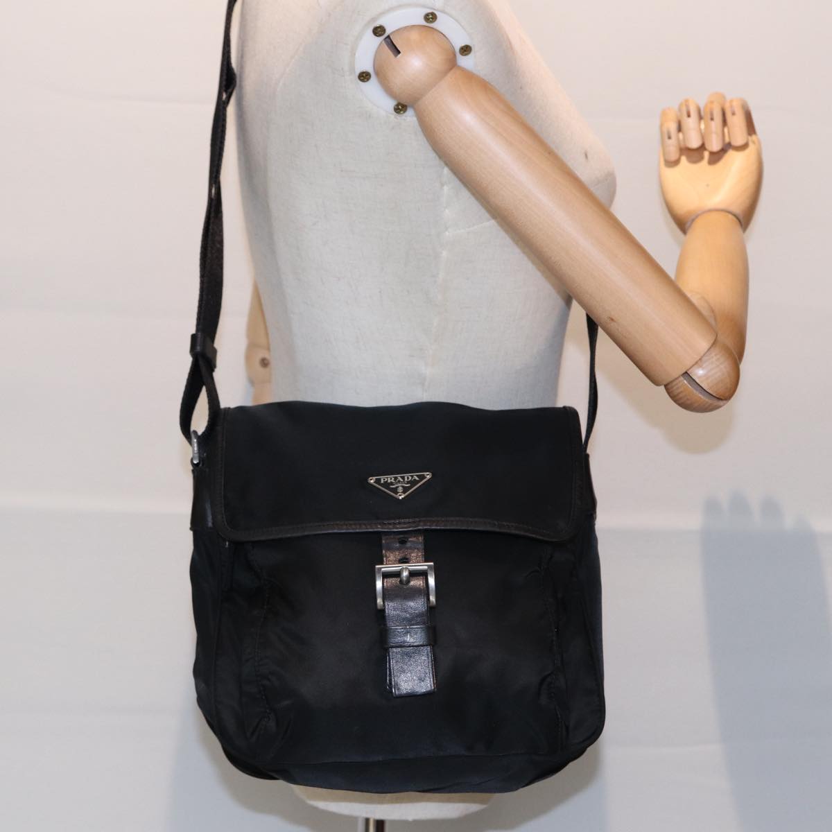 PRADA Shoulder Bag Nylon Black Silver Auth 88683