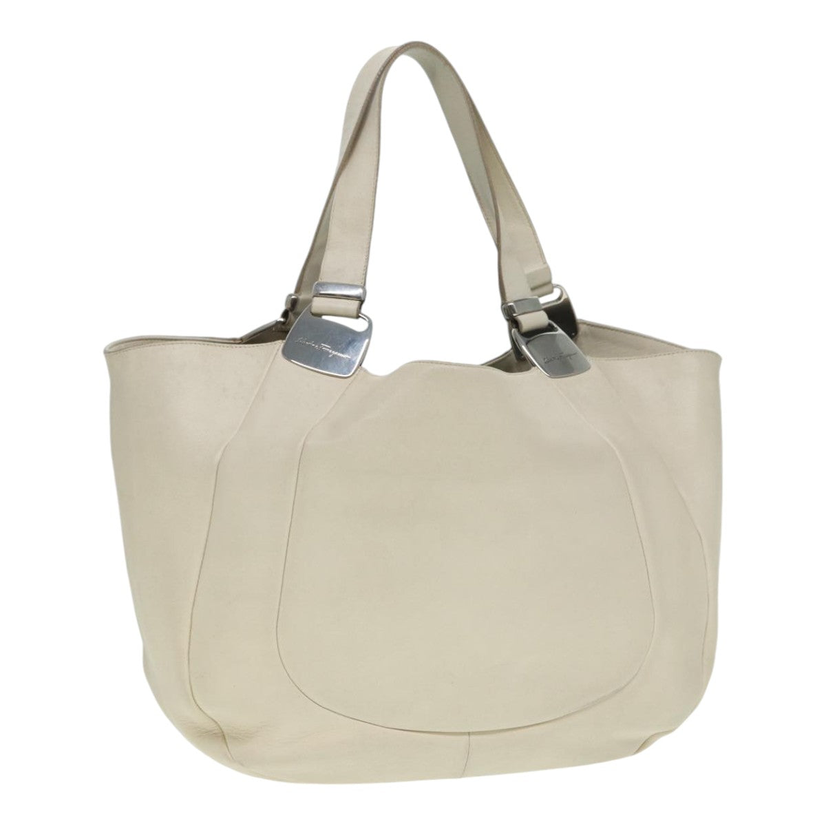 Salvatore Ferragamo Tote Bag Leather White Silver Auth 88685