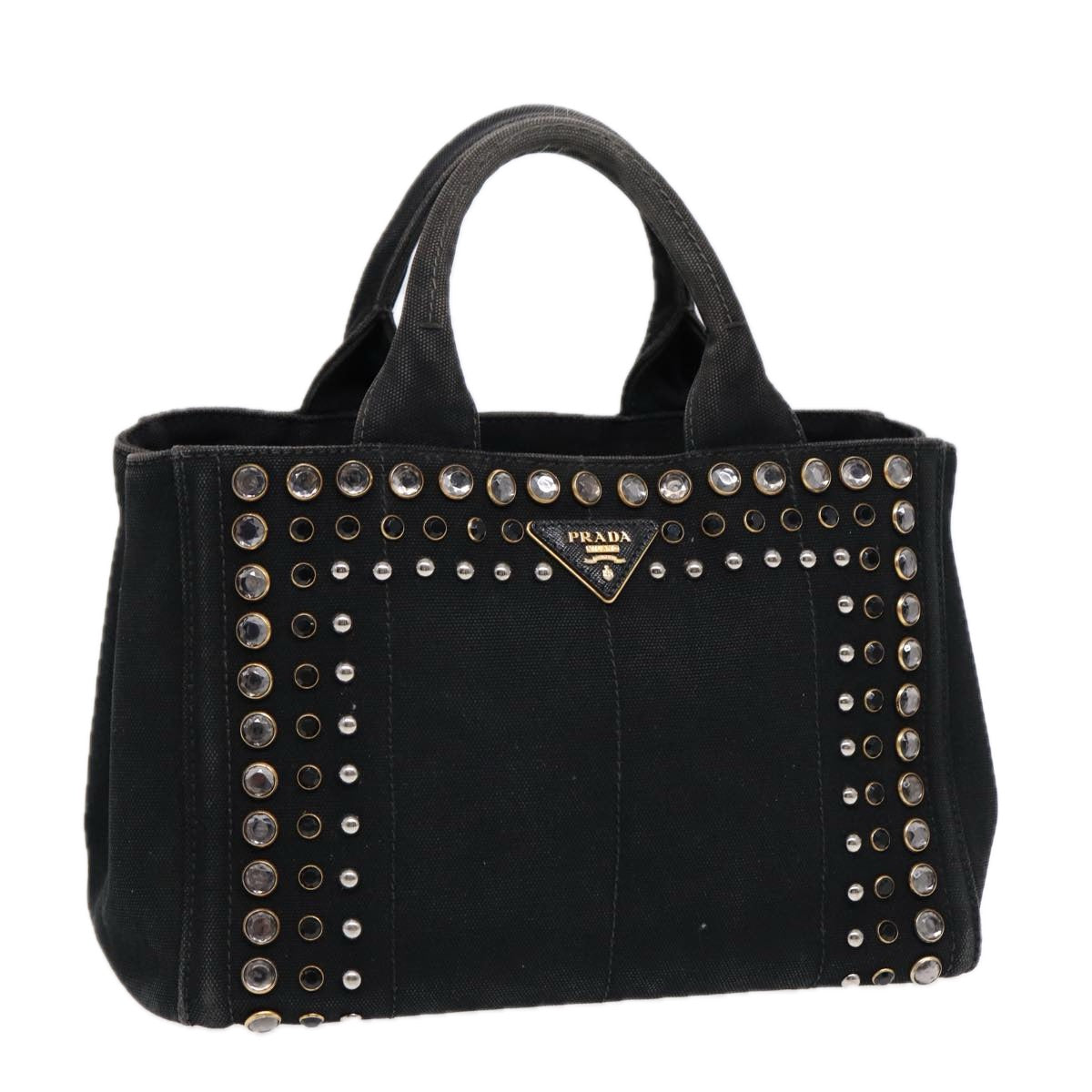 PRADA Bijoux Canapa PM Hand Bag Canvas Black Gold Auth 88686