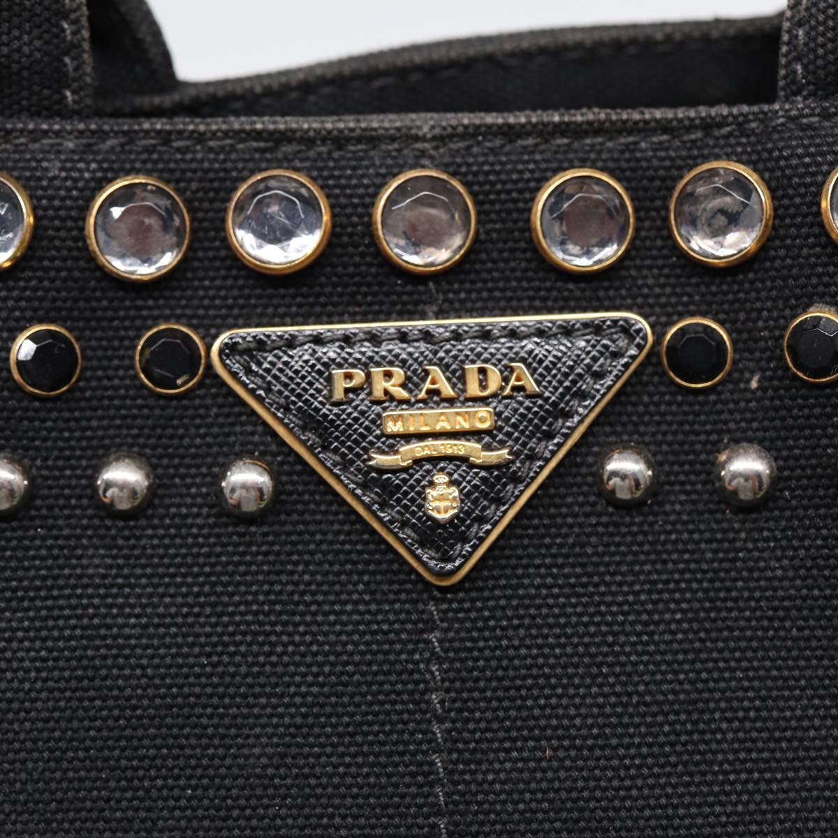 PRADA Bijoux Canapa PM Hand Bag Canvas Black Gold Auth 88686