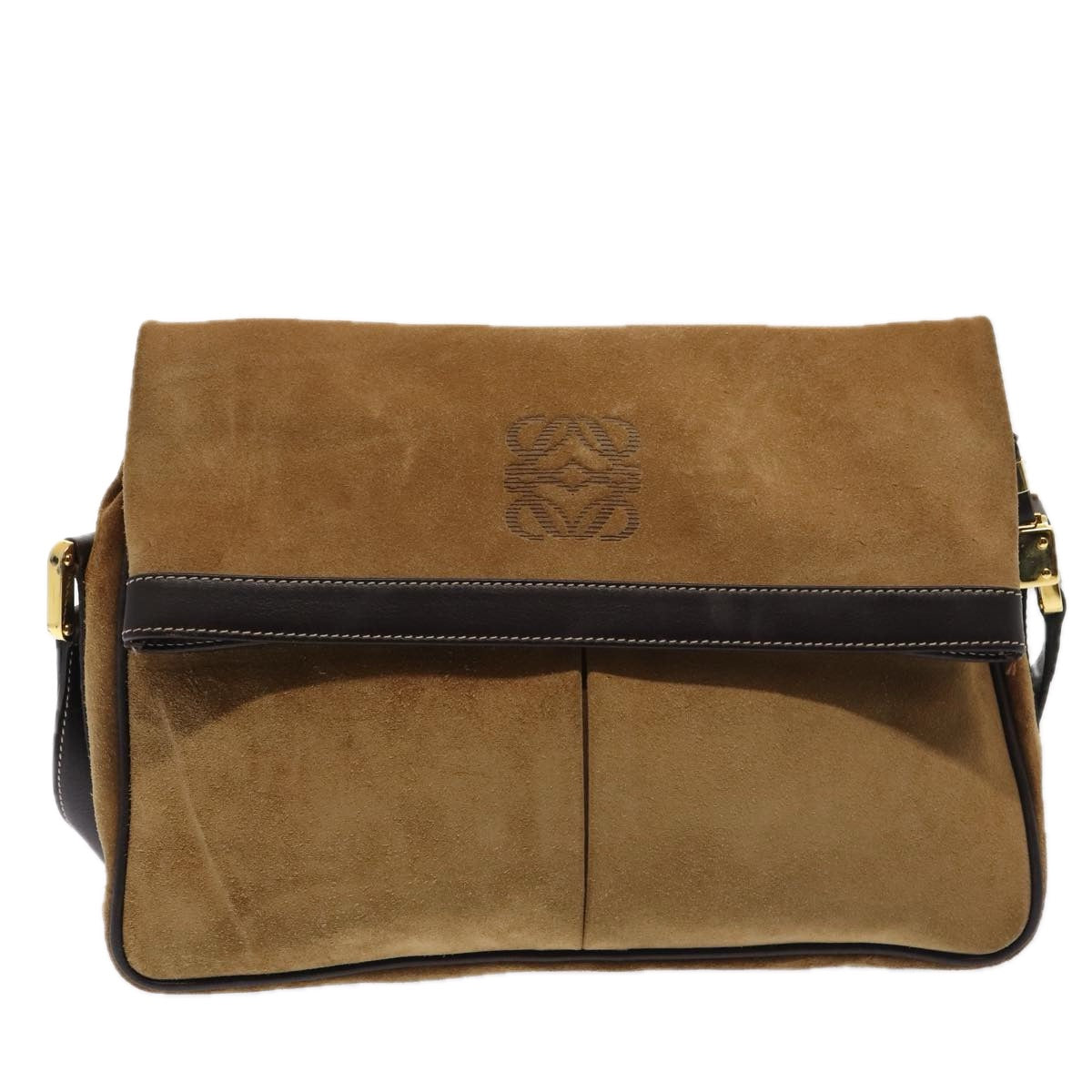 LOEWE Anagram Shoulder Bag Suede Gold Brown Auth 88690