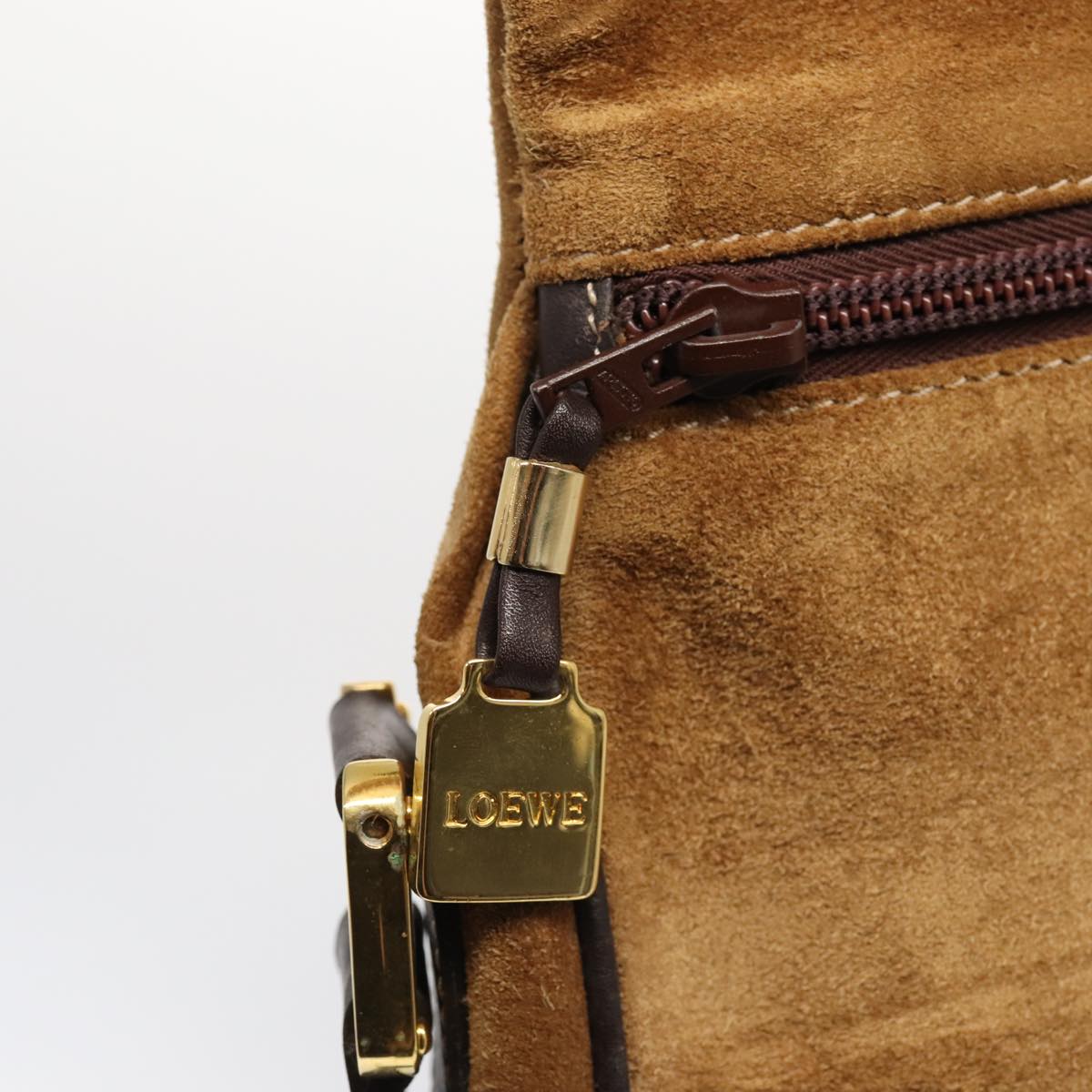 LOEWE Anagram Shoulder Bag Suede Gold Brown Auth 88690