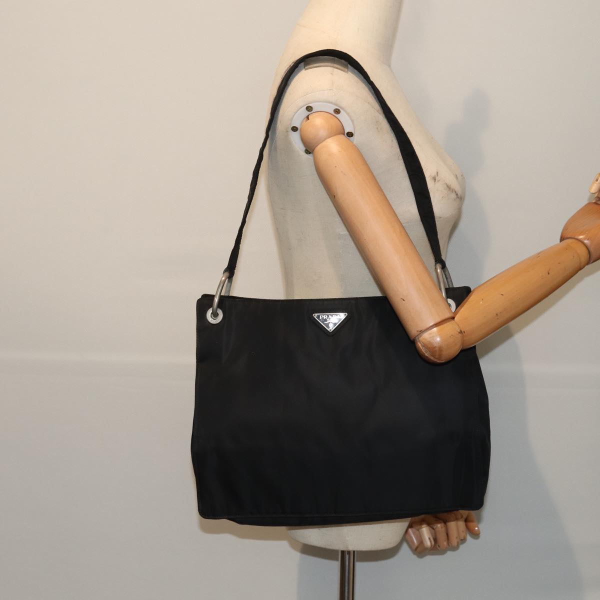 PRADA Shoulder Bag Nylon Black Silver Auth 88698