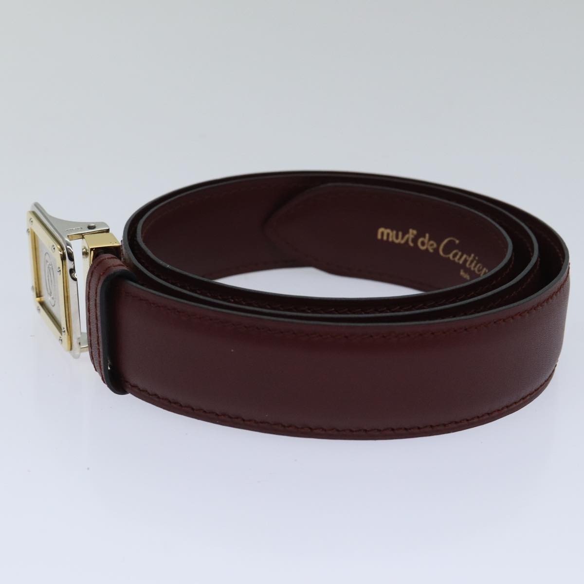 CARTIER Belt Leather 37.4"" Red Gold Auth 88708