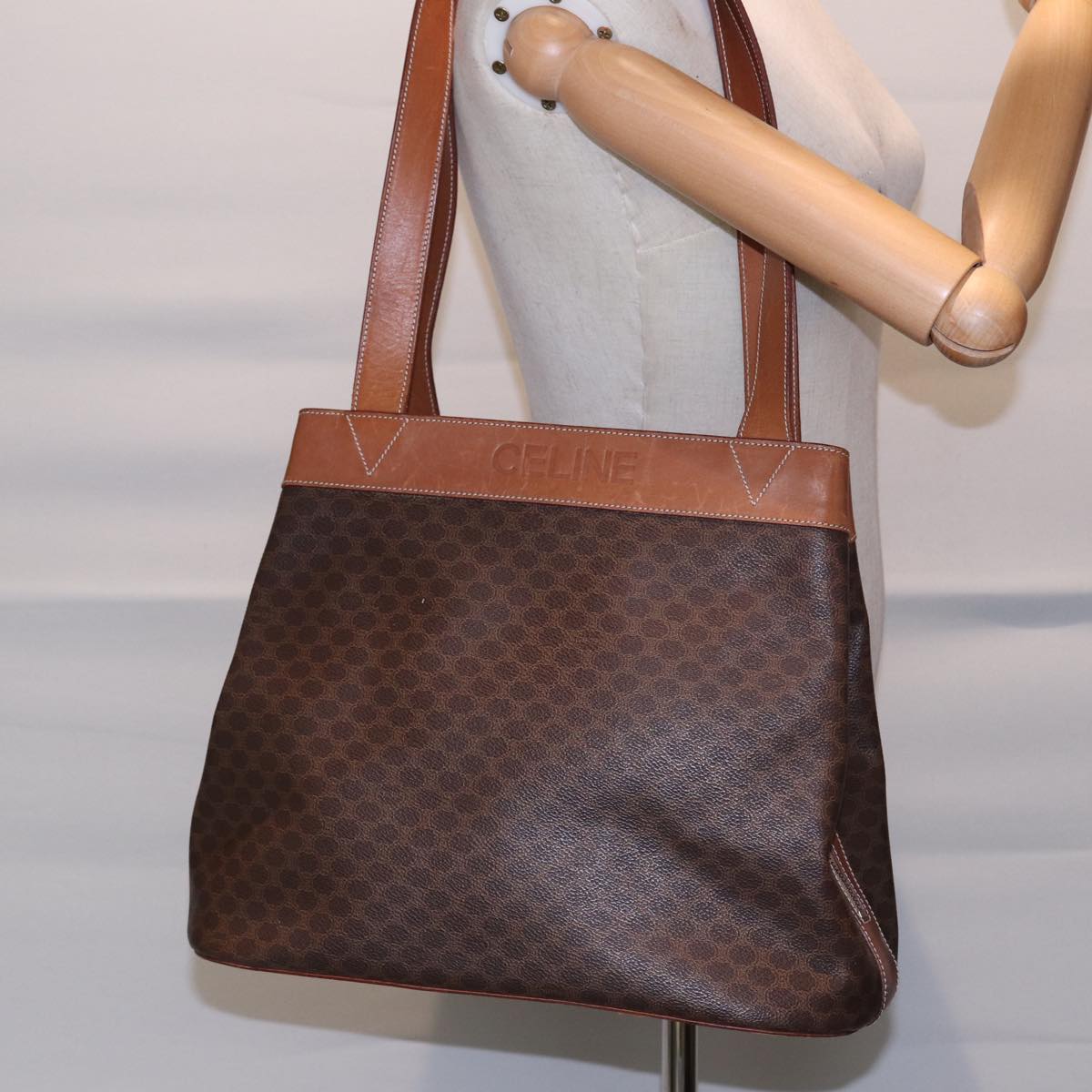 CELINE Macadam Canvas Shoulder Bag PVC Leather Brown Gold Auth 88714