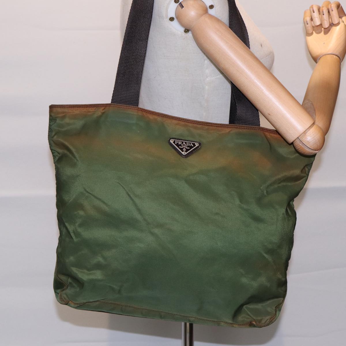 PRADA Tote Bag Nylon Green Brown Silver Auth 88715