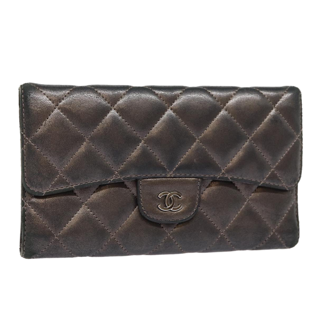 CHANEL Matelasse Wallet Leather Silver Gunmetal CC Auth 88726