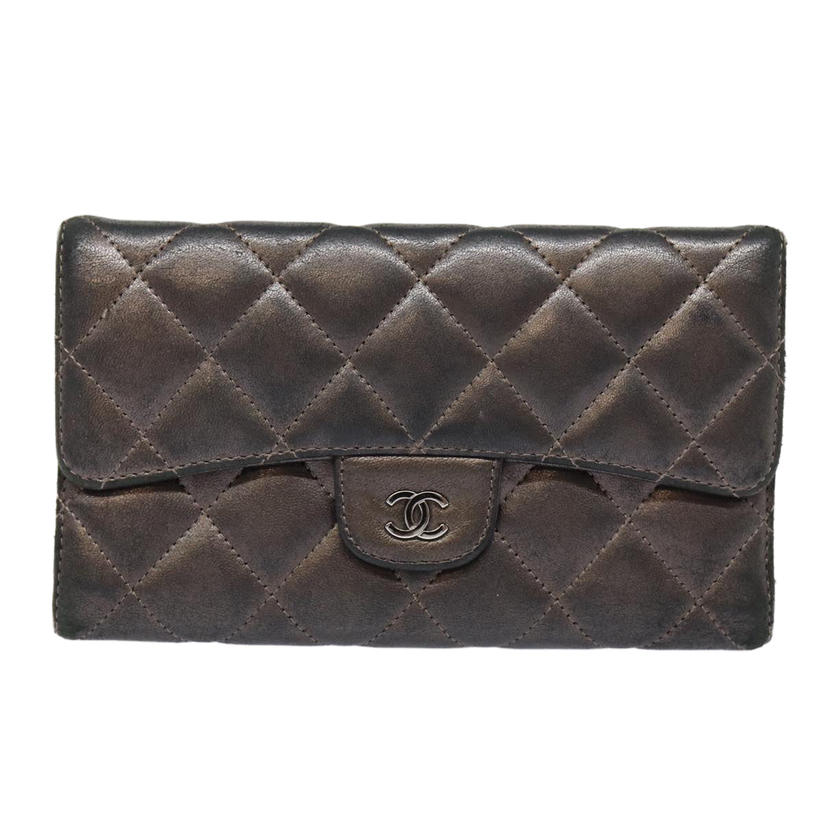 CHANEL Matelasse Wallet Leather Silver Gunmetal CC Auth 88726 - 0