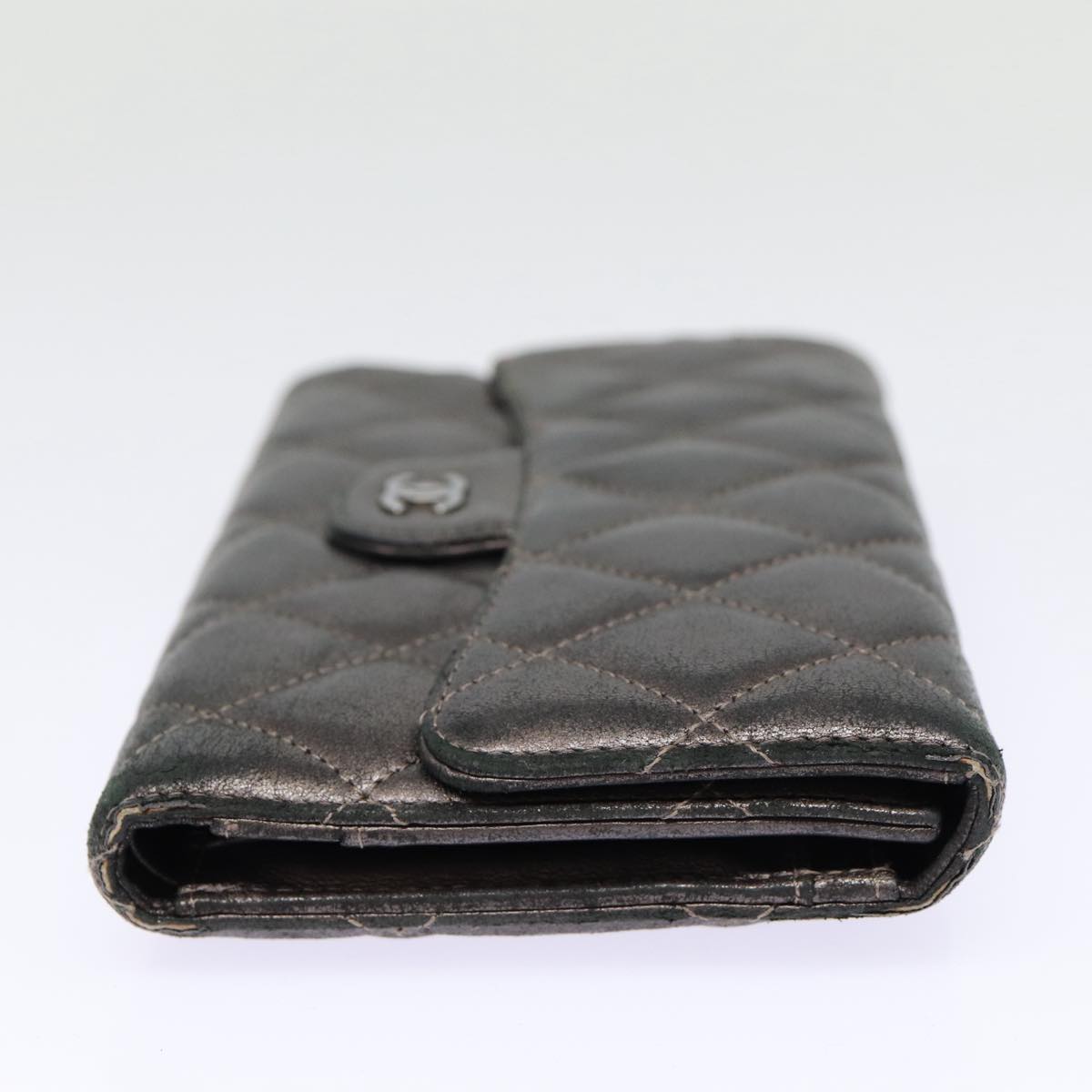 CHANEL Matelasse Wallet Leather Silver Gunmetal CC Auth 88726