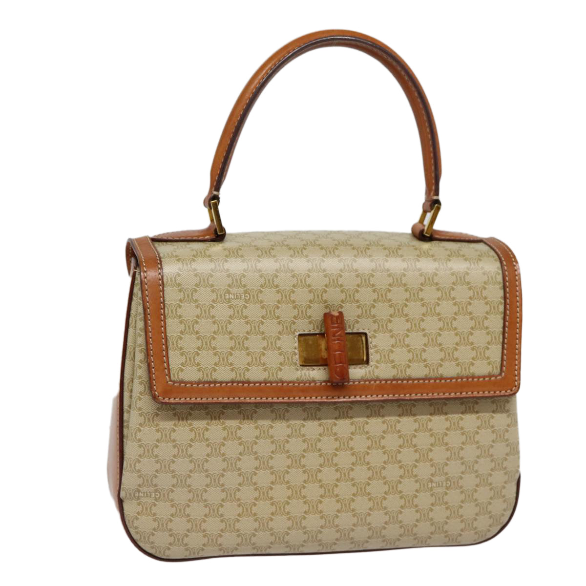 CELINE Macadam Canvas Hand Bag Beige Gold Auth 88751